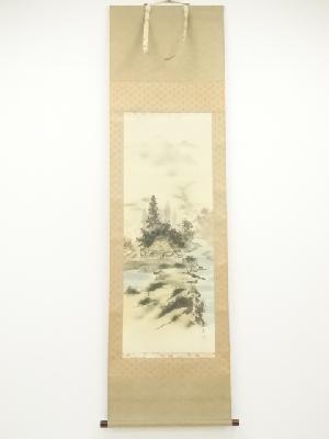 長尾梅友筆　四神相応山水図　肉筆絹本掛軸（共箱）